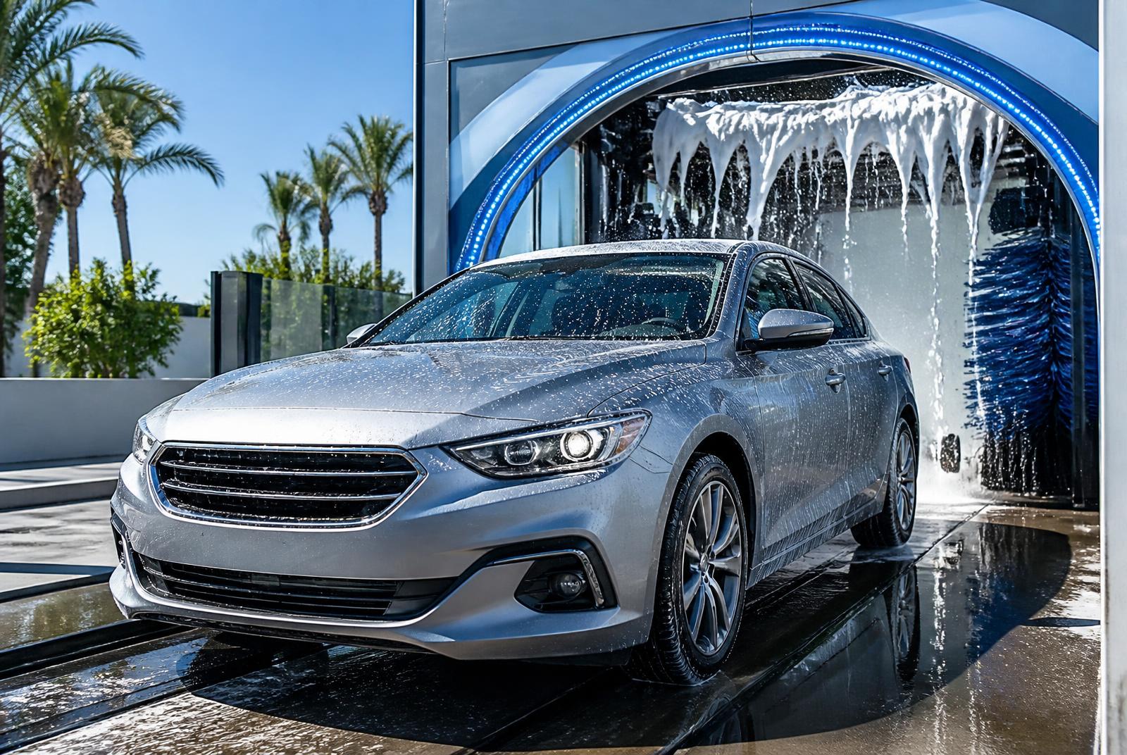 Vehicle exiting the soft-cloth wash tunnel at Lucky 7 Car Wash